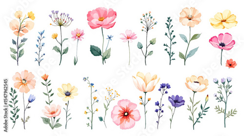 Colorful spring flowers watrecolor, Set Flower watercolor