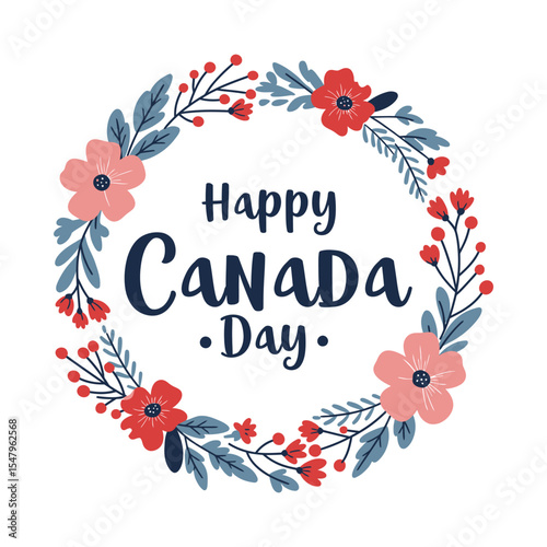 Floral Wreath Illustration with Happy Canada Day Text and Red-Pink Flowers on White Background