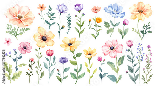Colorful spring flowers watrecolor, Set Flower watercolor