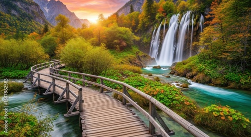 Wooden bridge leads to scenic waterfall in autumnal mountain landscape at sunset