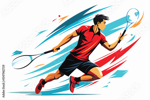 Dynamic Badminton Player in Action with Abstract Background Sports Illustration