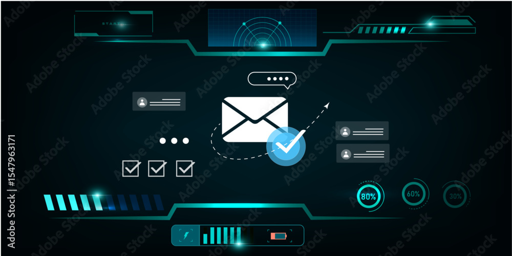 Naklejka premium Futuristic Email Inbox Interface with HUD Elements, Checking Messages in a High-Tech Email Dashboard