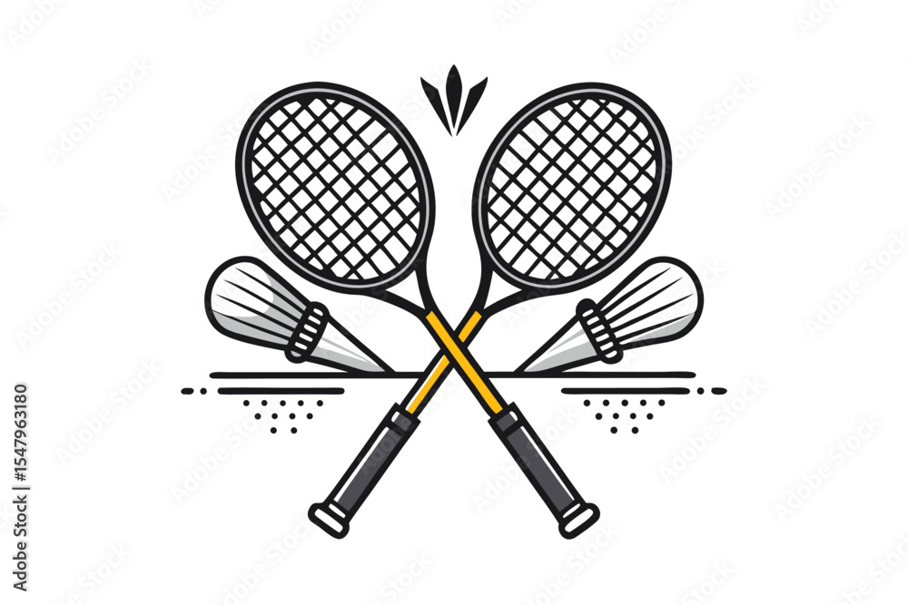 Badminton rackets and shuttlecocks crossed in a stylized graphic illustration Badminton rackets and shuttlecocks crossed in a stylized graphic illustration