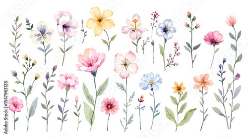 Colorful spring flowers watrecolor, Set Flower watercolor