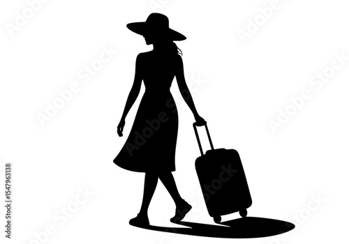 Silhouette vector of woman in dress and sunhat walking with suitcase, transparent background, ideal for travel, vacation, tourism, lifestyle, and summer journey concepts