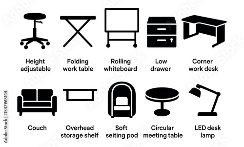 Office furniture silhouette icon set. desk, chair, lamp, modern workspace icons