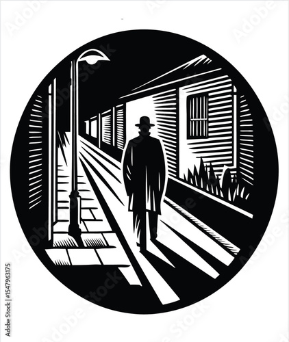 Gangster Silhouette Under Streetlamp – black and white vector with dramatic light/shadow play, clean figure under a glowing lamp, minimalist atmosphere, monomorphic noir elegance.

