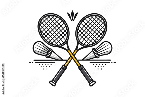 Badminton rackets and shuttlecocks crossed in a stylized graphic illustration