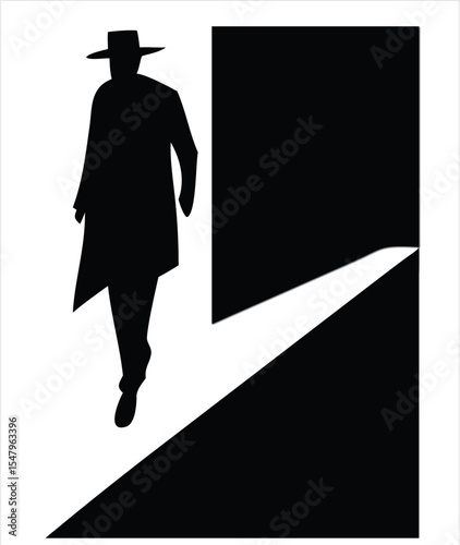 Gangster Silhouette Under Streetlamp – black and white vector with dramatic light/shadow play, clean figure under a glowing lamp, minimalist atmosphere, monomorphic noir elegance.

