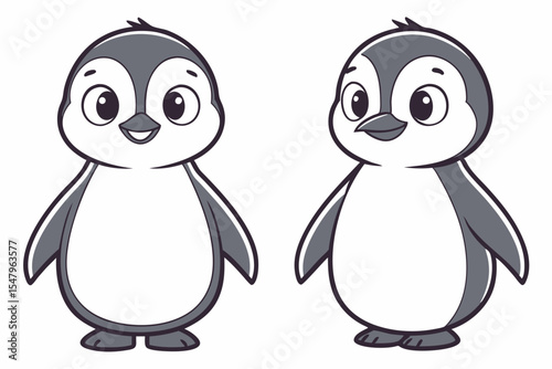 Two cute cartoon penguin characters isolated on white background vector illustration