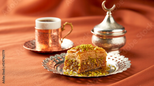 A high-quality food photography shot of Middle Eastern desserts and coffee on an orange background.