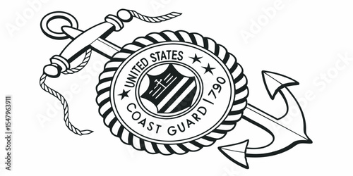 United states coast guard emblem with anchor black and white vector illustration