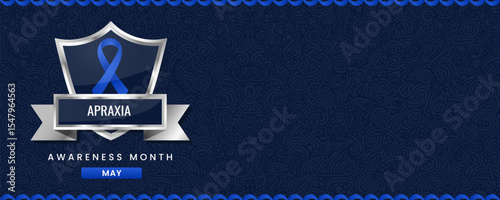 Apraxia Awareness Month banner, with Royal blue ribbon, shield and space for text.