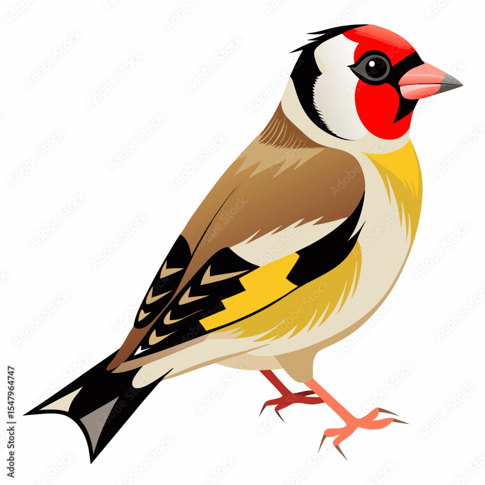 Fototapeta premium Short-Billed European Goldfinch Vector Illustration – Red-Headed Bird with Black and Yellow Wings