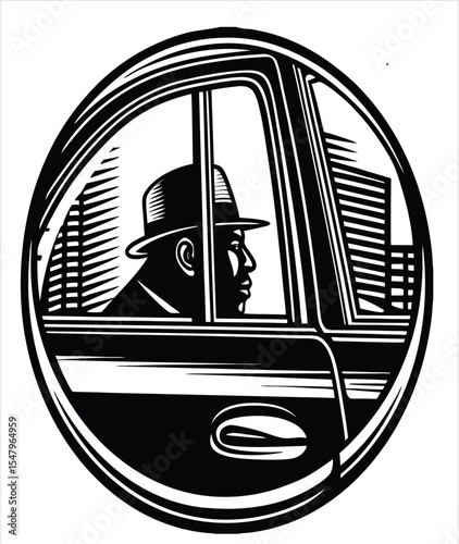 Gangster Silhouette in Car Window Frame – side profile through a car door, black and white vector, minimalist geometry, sharp facial outline, monomorphic suspense and urban edge.