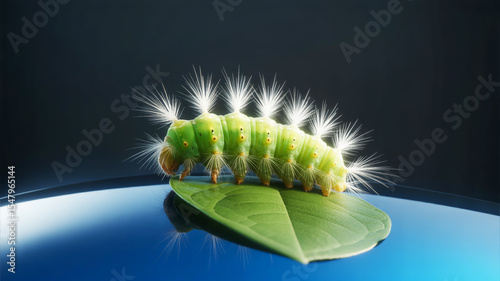 A macro photograph of a green caterpillar with white fuzzy bristles against a black background.