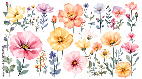 Set of spring flowers, collage of tulips, Set watercolor flowers