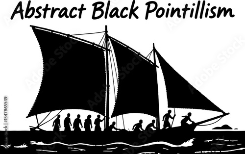 Black Silhouette Pointillist Illustration of Ancient Sea Voyagers on a Traditional Sailing Boat