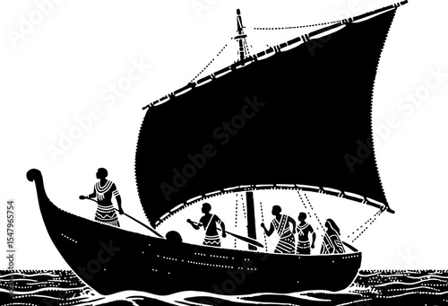 Black Silhouette Pointillist Illustration of Ancient Sea Voyagers on a Traditional Sailing Boat