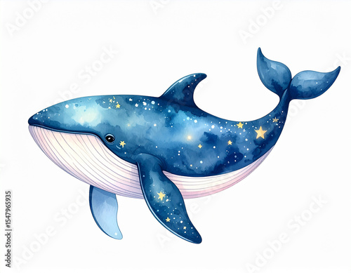 blue watercolor whale with stars isolated on white background