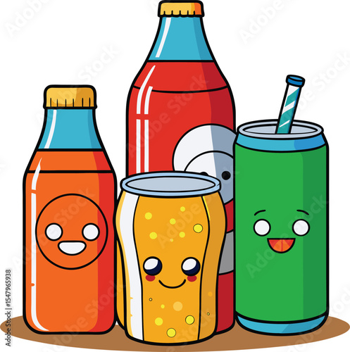 Cute Cartoon Soda Bottles, Cans, and Drinks Illustration