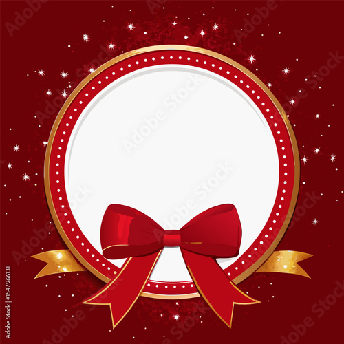 “Elegant Christmas greeting card with blank white space in the center for text, bordered with a glittery deep red background and decorated with a realistic red satin ribbon bow in the top corner. Mini