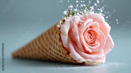 Rose is placed inside a cone of ice cream. The cone is covered in powdered sugar. Concept of sweetness and romance, as the rose and ice cream are often associated with love and affection