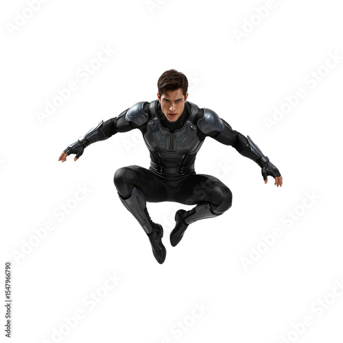 Futuristic Superhero in Mid-Air Jump, Action Pose, Black and Silver Suit