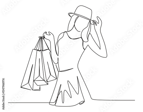 art of a continuous line of a woman looking happy with a shopping bag in her hand. vector illustration