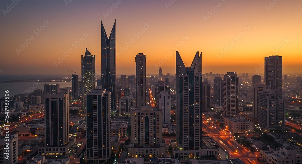 Fototapeta premium Captivating cityscape at dusk with modern architecture and vibrant city lights illuminating the urban landscape