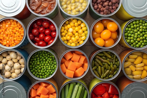 Variety of canned vegetables and fruits arranged overhead shot for food storage