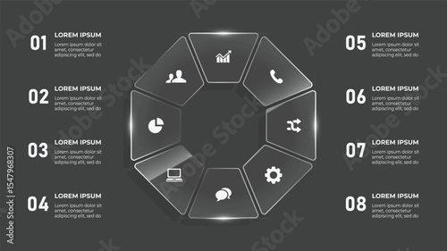 3D Glass Effect Circle Infographic with 8 Steps – Business Timeline Vector with Hexagon Shapes and Network Design