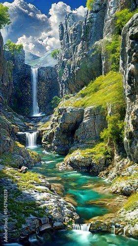 Majestic Mountain Waterfalls and Cascading Streams Surrounded by Lush Greenery and Blue Sky