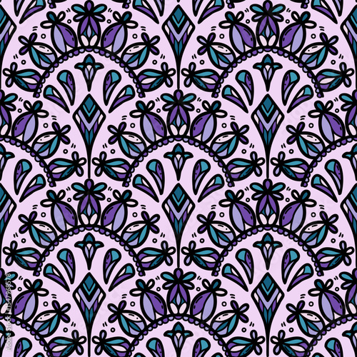 250659 colorful line scribble scallop repeat pattern, motifs floral hand drawn, scribble style, scallop pattern, design for seamless floral pattern, printing, wrapping, background and craft
