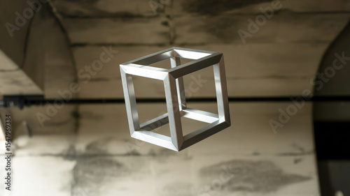 A photorealistic image of a floating impossible cube against a dark, textured background.
