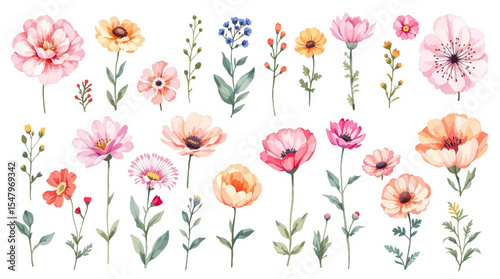 Spring  Set flowers watrecolor clipart on withe background