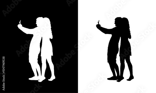 man, and women taking selfie silhouette vector illustration, man and women taking selfie with smart phone, happy, couple silhouette vector illustration, love, set, of selfie people, people icon, 