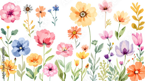 Spring  watercolor flowers vector illustration, Colorful spring flowers, Set of watercolor flowers, Clipart watercolor flowers	