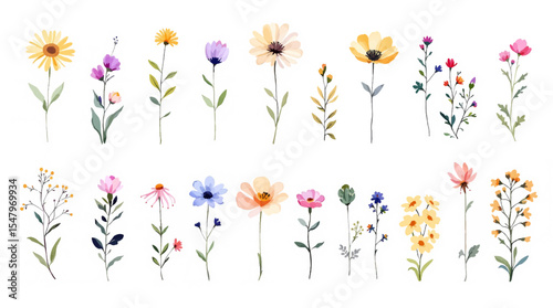Spring  watercolor flowers vector illustration, Colorful spring flowers, Set of watercolor flowers, Clipart watercolor flowers	