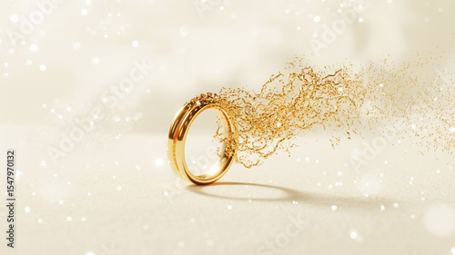 A photorealistic image of a golden wedding ring dissolving into sparkling particles against a light beige background