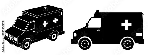 Set of ambulance  car full black silhouette vector illustration design