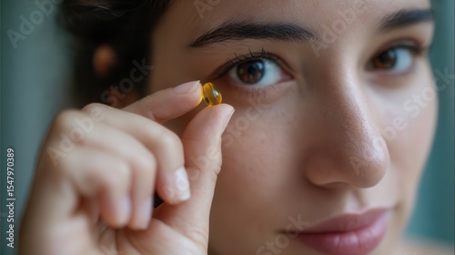 Close up of woman hand holding soft gel capsule, showcasing vibrant yellow color. expression conveys curiosity and health awareness, emphasizing importance of dietary supplements