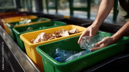 Hands sort a water bottle into a green recycling bin promoting environmental sustainability and responsible waste management contributing to resource conservation