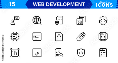 Modern Web Development Icon Set Featuring Coding, Websites, Programming, Design, and Development Concepts in a Professional, Clean Vector Style