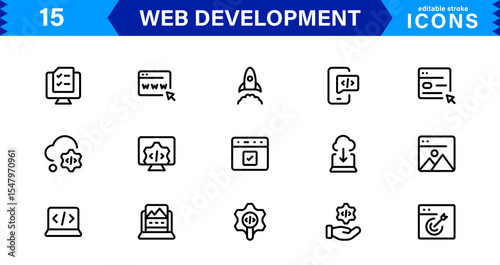 Modern Web Development Icon Set Featuring Coding, Websites, Programming, Design, and Development Concepts in a Professional, Clean Vector Style