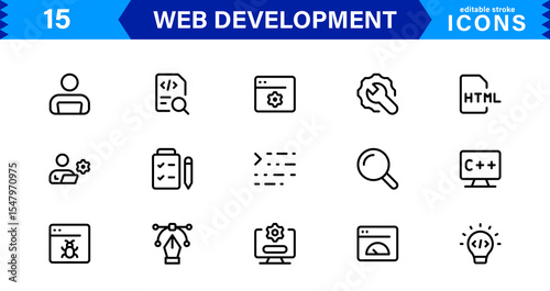 Modern Web Development Icon Set Featuring Coding, Websites, Programming, Design, and Development Concepts in a Professional, Clean Vector Style