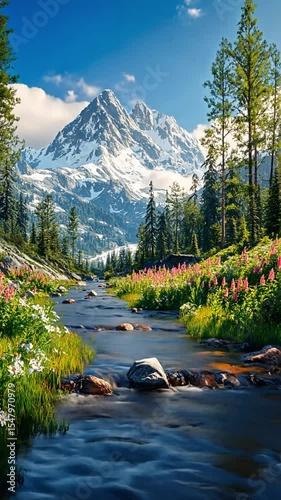 Serene Mountain Stream in a Scenic Wilderness Landscape with Snow-Capped Peaks and Colorful Wildflowers