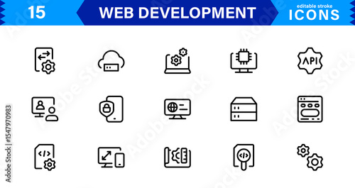 Modern Web Development Icon Set Featuring Coding, Websites, Programming, Design, and Development Concepts in a Professional, Clean Vector Style