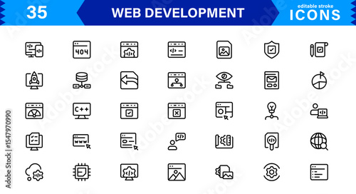Modern Web Development Icon Set Featuring Coding, Websites, Programming, Design, and Development Concepts in a Professional, Clean Vector Style