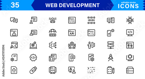 Modern Web Development Icon Set Featuring Coding, Websites, Programming, Design, and Development Concepts in a Professional, Clean Vector Style